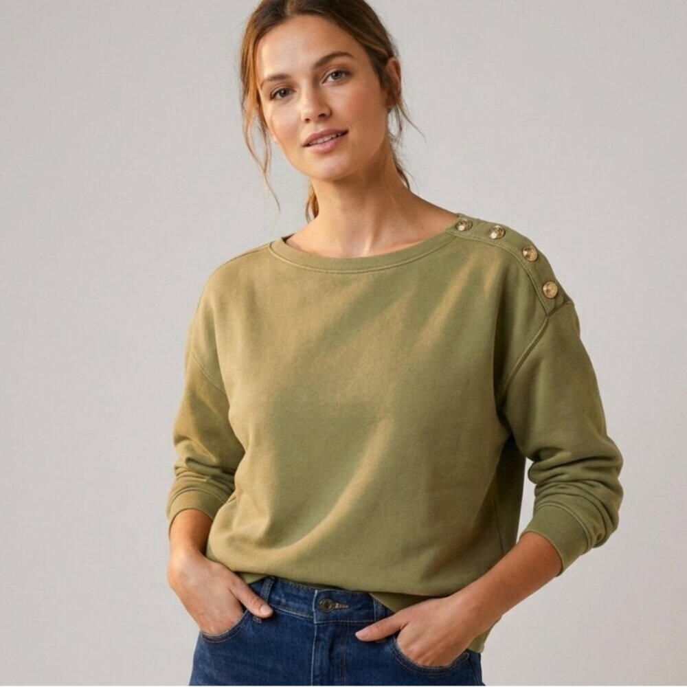 J. CREW Women's NEW Heritage Fleece Cropped Sweatshirt w/Buttons Olive‎ | Size L